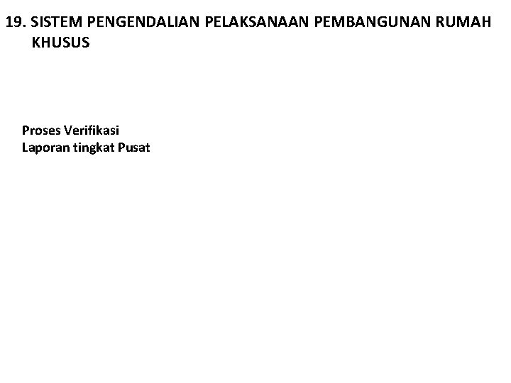 19. SISTEM PENGENDALIAN PELAKSANAAN PEMBANGUNAN RUMAH KHUSUS Proses Verifikasi Laporan tingkat Pusat 