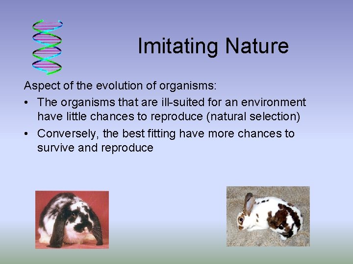 Imitating Nature Aspect of the evolution of organisms: • The organisms that are ill-suited