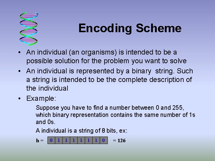 Encoding Scheme • An individual (an organisms) is intended to be a possible solution