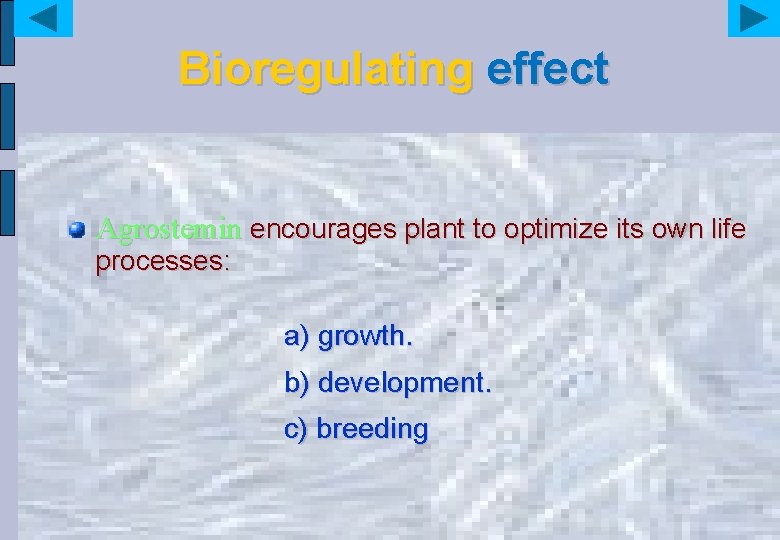 Bioregulating effect Agrostemin encourages plant to optimize its own life processes: a) growth. b)