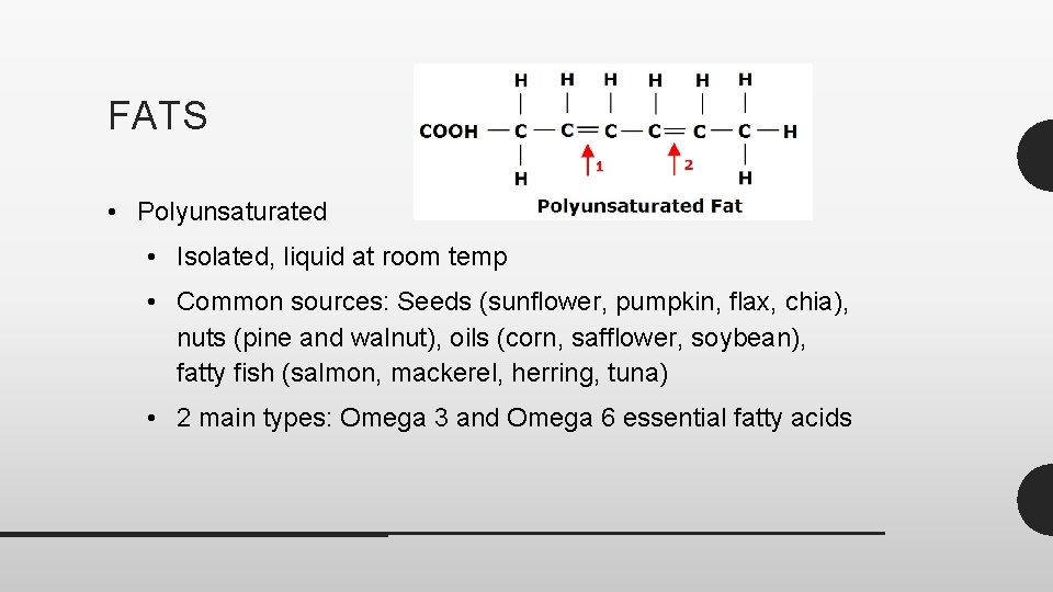 FATS • Polyunsaturated • Isolated, liquid at room temp • Common sources: Seeds (sunflower,