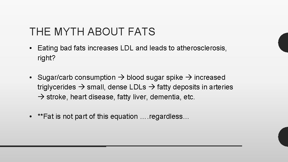 THE MYTH ABOUT FATS • Eating bad fats increases LDL and leads to atherosclerosis,