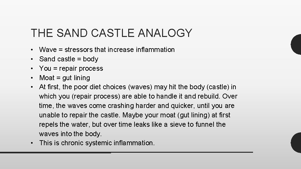 THE SAND CASTLE ANALOGY • • • Wave = stressors that increase inflammation Sand