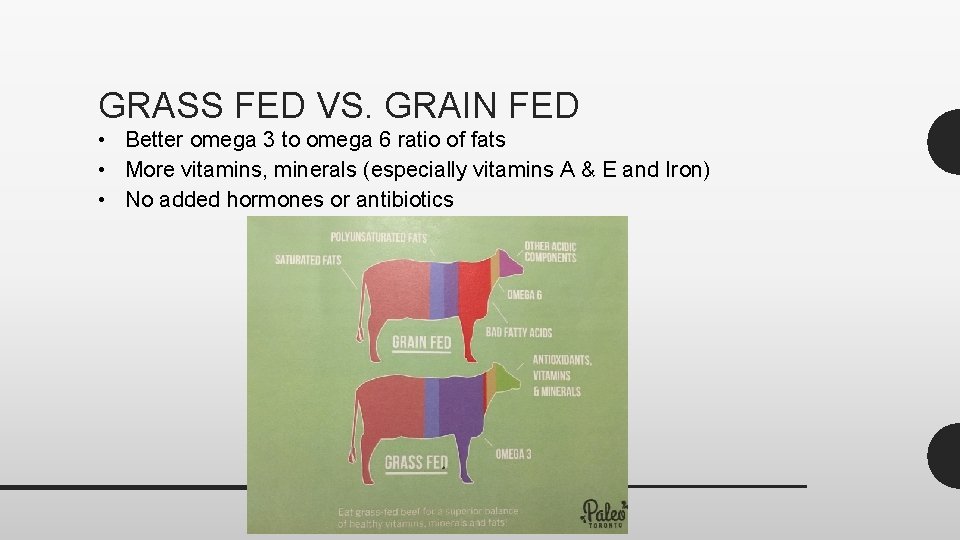 GRASS FED VS. GRAIN FED • Better omega 3 to omega 6 ratio of