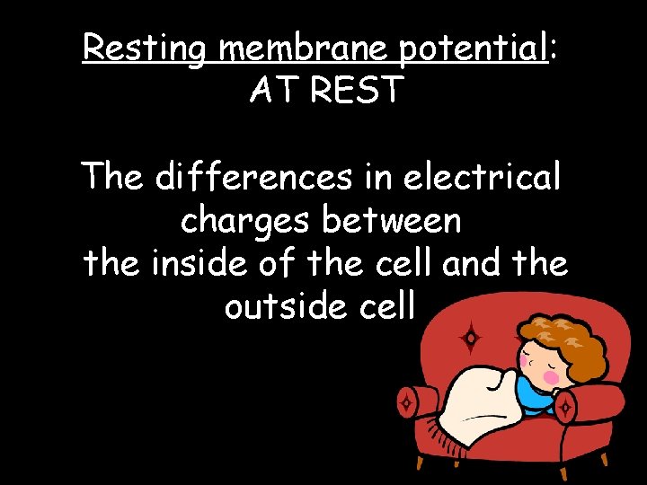 Resting membrane potential: AT REST The differences in electrical charges between the inside of