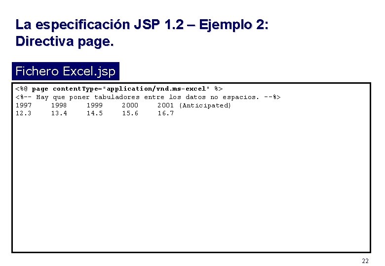 La especificación JSP 1. 2 – Ejemplo 2: Directiva page. Fichero Excel. jsp <%@