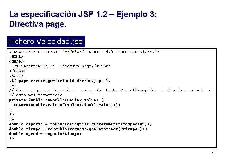 La especificación JSP 1. 2 – Ejemplo 3: Directiva page. Fichero Velocidad. jsp <!DOCTYPE