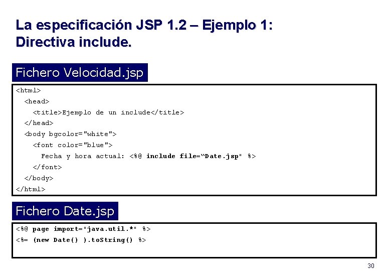 La especificación JSP 1. 2 – Ejemplo 1: Directiva include. Fichero Velocidad. jsp <html>