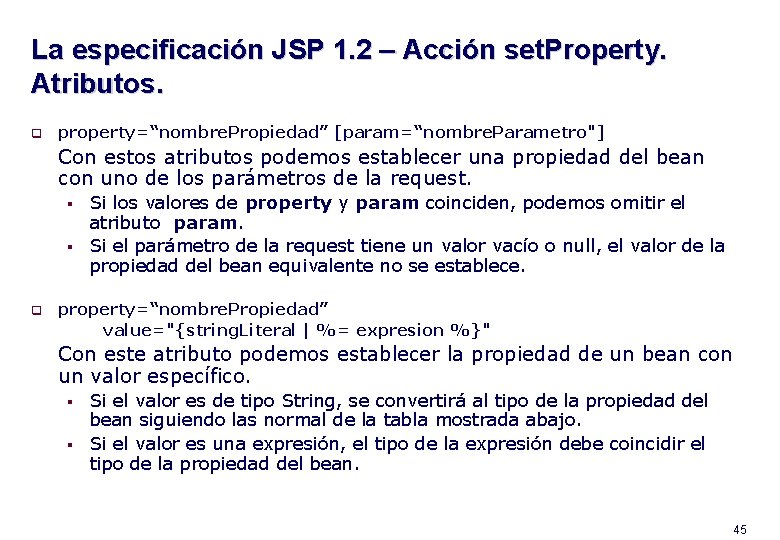 La especificación JSP 1. 2 – Acción set. Property. Atributos. q property=“nombre. Propiedad” [param=“nombre.