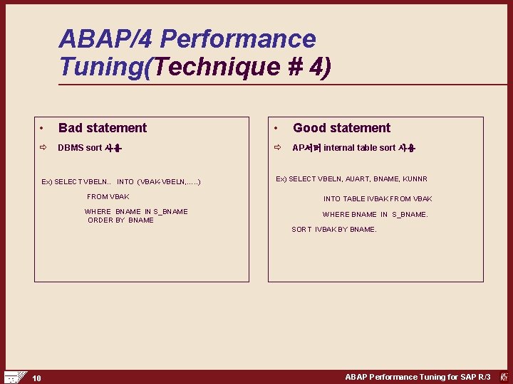 ABAP/4 Performance Tuning(Technique # 4) • Bad statement • Good statement ð DBMS sort