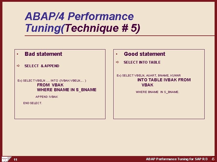 ABAP/4 Performance Tuning(Technique # 5) • Bad statement ð SELECT & APPEND • Good