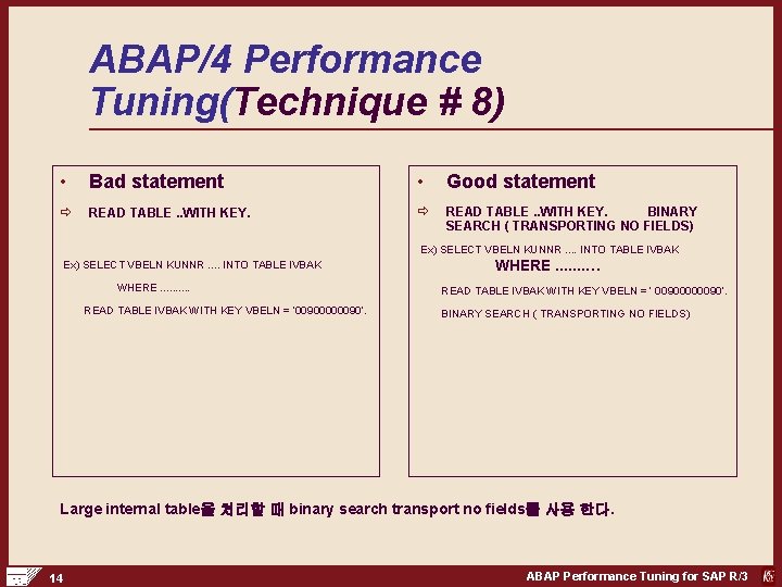 ABAP/4 Performance Tuning(Technique # 8) • Bad statement • Good statement ð READ TABLE.