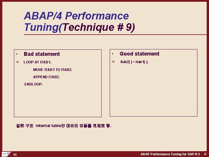 ABAP/4 Performance Tuning(Technique # 9) • Bad statement • Good statement ð LOOP AT