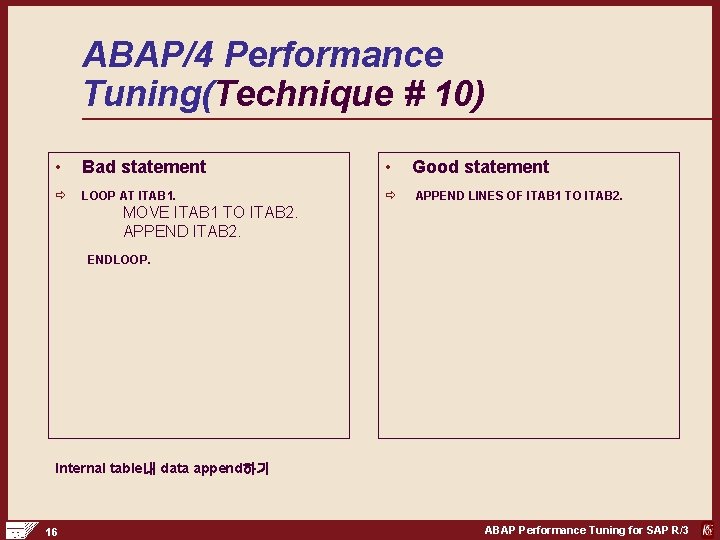 ABAP/4 Performance Tuning(Technique # 10) • Bad statement • Good statement ð LOOP AT