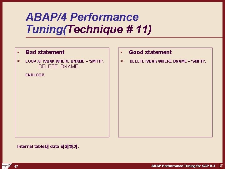 ABAP/4 Performance Tuning(Technique # 11) • Bad statement • Good statement ð LOOP AT