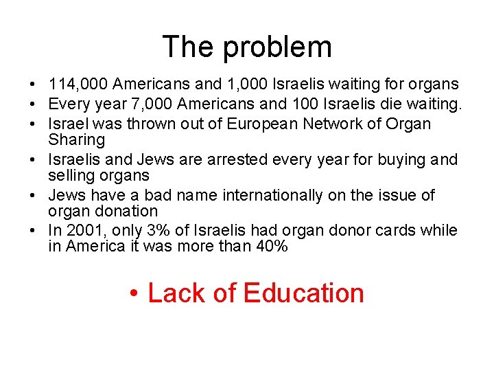 The problem • 114, 000 Americans and 1, 000 Israelis waiting for organs •