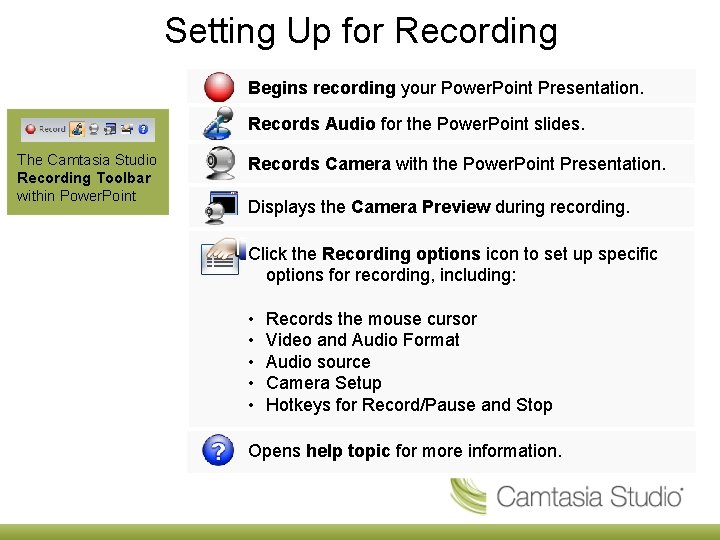 Setting Up for Recording Begins recording your Power. Point Presentation. Records Audio for the