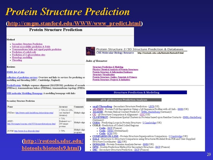 Protein Structure Prediction (http: //cmgm. stanford. edu/WWW/www_predict. html) (http: //restools. sdsc. edu/ biotools/biotools 9.