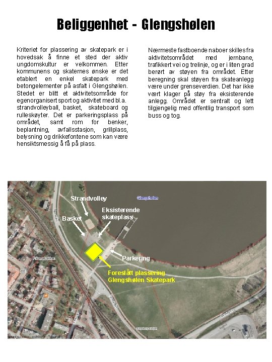Beliggenhet - Glengshølen Kriteriet for plassering av skatepark er i hovedsak å finne et