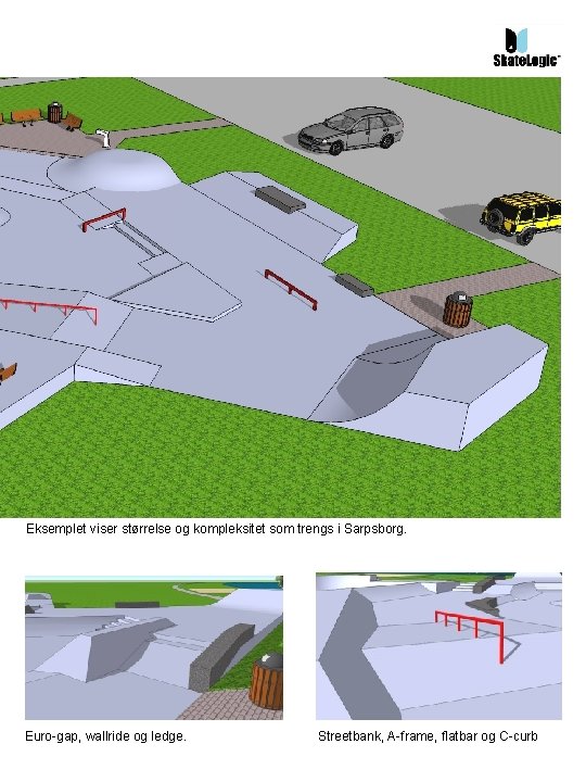 Eksemplet viser størrelse og kompleksitet som trengs i Sarpsborg. Euro-gap, wallride og ledge. Streetbank,