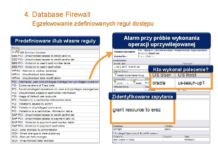 4. Database Firewall Egzekwowanie zdefiniowanych reguł dostępu Predefiniowane i/lub własne reguły Alarm przy próbie