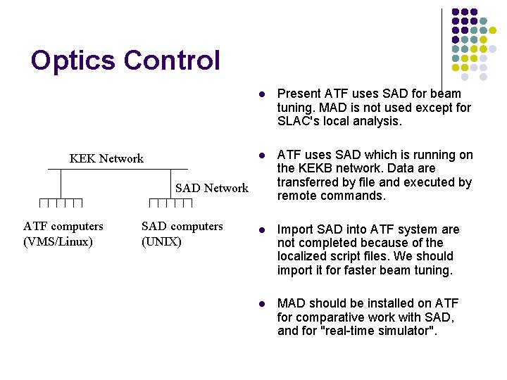 Optics Control KEK Network l Present ATF uses SAD for beam tuning. MAD is