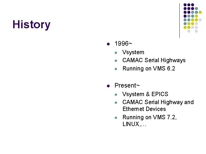 History l 1996~ l l Vsystem CAMAC Serial Highways Running on VMS 6. 2