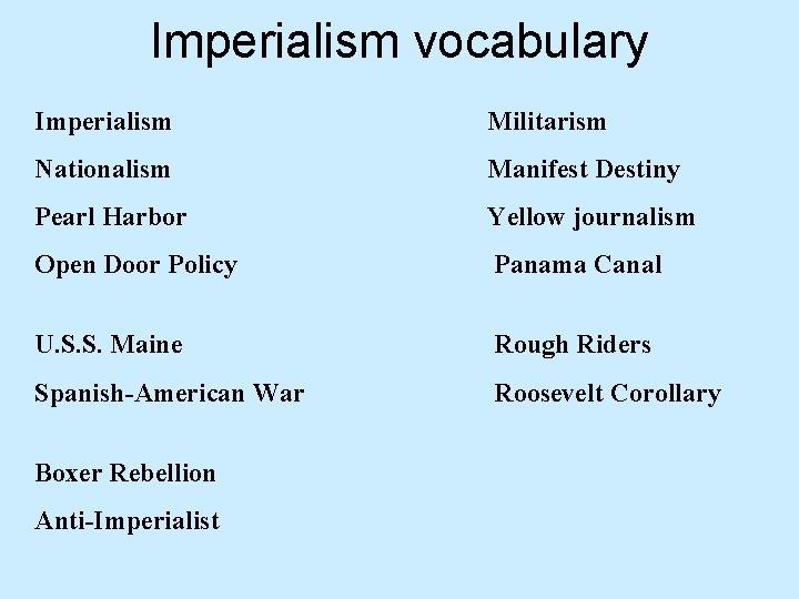 Imperialism vocabulary Imperialism Militarism Nationalism Manifest Destiny Pearl Harbor Yellow journalism Open Door Policy