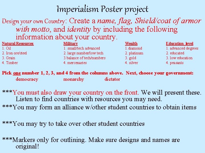 Imperialism Poster project Design your own Country: Create a name, flag, Shield/coat of armor