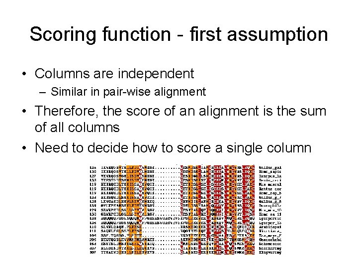 Scoring function - first assumption • Columns are independent – Similar in pair-wise alignment