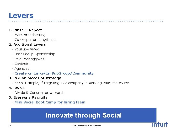 Levers 1. Rinse + Repeat - More broadcasting - Go deeper on target lists