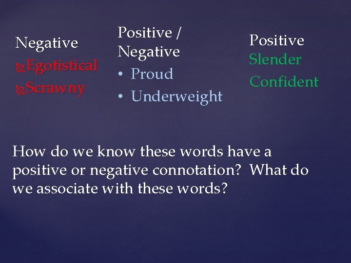 Negative Egotistical Scrawny Positive / Negative • Proud • Underweight Positive Slender Confident How