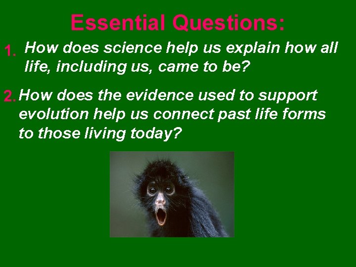 Essential Questions: 1. How does science help us explain how all life, including us,