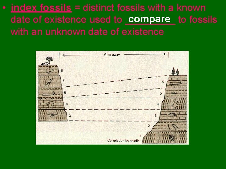  • index fossils = distinct fossils with a known compare to fossils date