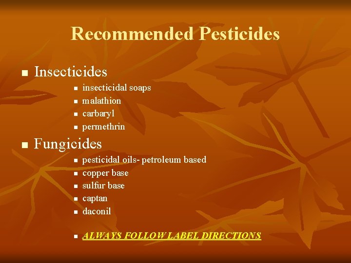 Recommended Pesticides n Insecticides n n n insecticidal soaps malathion carbaryl permethrin Fungicides n