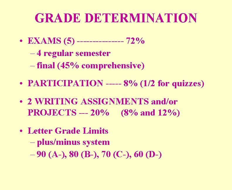 GRADE DETERMINATION • EXAMS (5) -------- 72% – 4 regular semester – final (45%