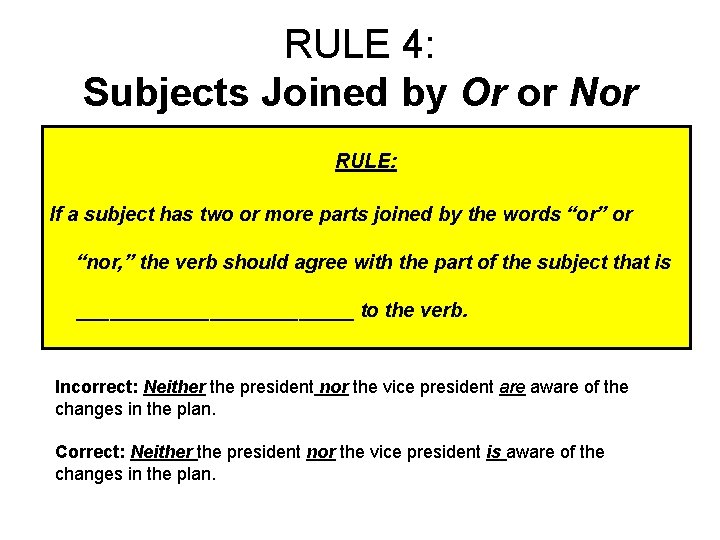 RULE 4: Subjects Joined by Or or Nor RULE: If a subject has two