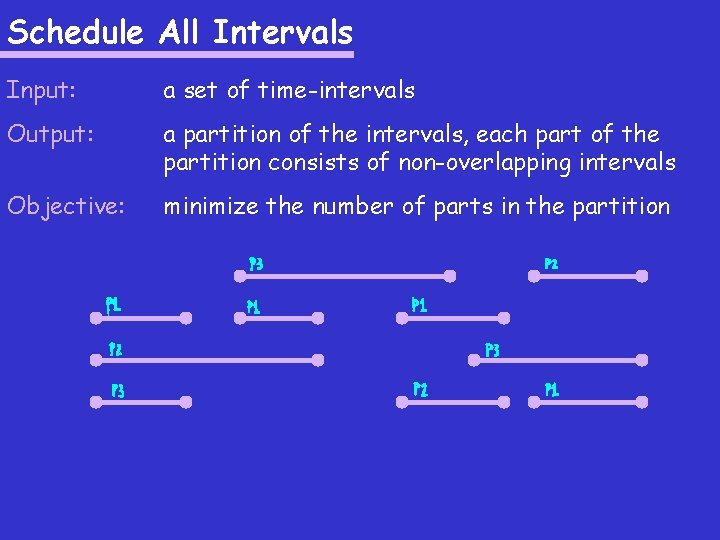 Schedule All Intervals Input: a set of time-intervals Output: a partition of the intervals,