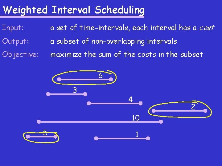 Weighted Interval Scheduling Input: a set of time-intervals, each interval has a cost Output: