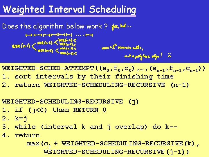 Weighted Interval Scheduling Does the algorithm below work ? WEIGHTED-SCHED-ATTEMPT((s 0, f 0, c