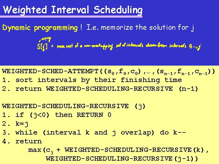 Weighted Interval Scheduling Dynamic programming ! I. e. memorize the solution for j WEIGHTED-SCHED-ATTEMPT((s