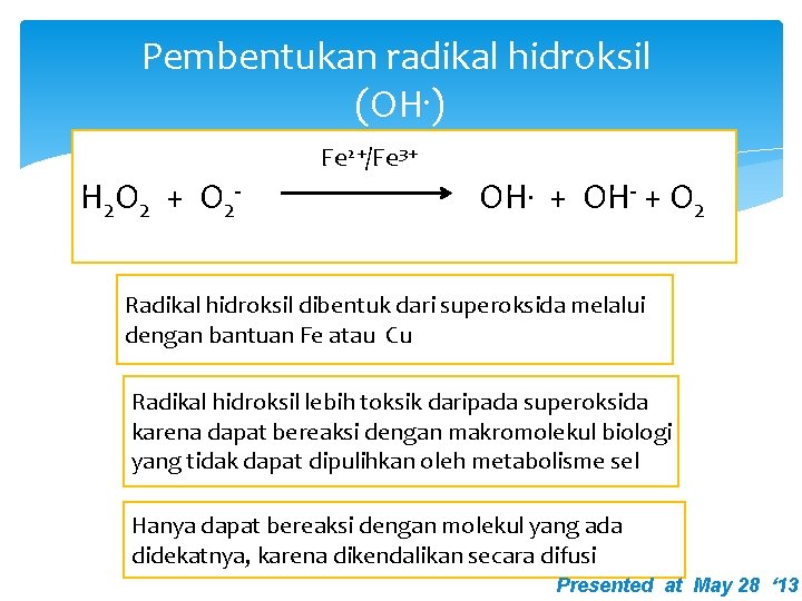 Pembentukan radikal hidroksil (OH. ) Fe 2+/Fe 3+ H 2 O 2 + O