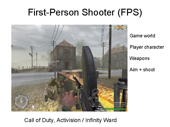First-Person Shooter (FPS) Game world Player character Weapons Aim + shoot Call of Duty,