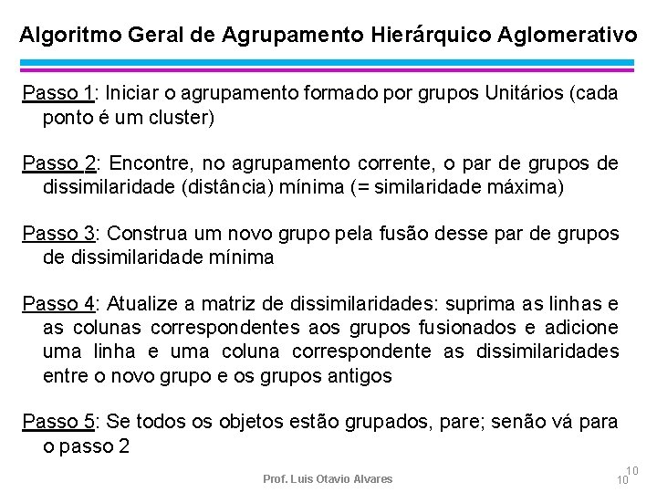 Algoritmo Geral de Agrupamento Hierárquico Aglomerativo Passo 1: Iniciar o agrupamento formado por grupos