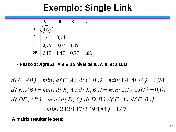 Exemplo: Single Link A B C E DF § Passo 3: Agrupar A e