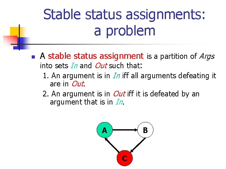 Stable status assignments: a problem n A stable status assignment is a partition of