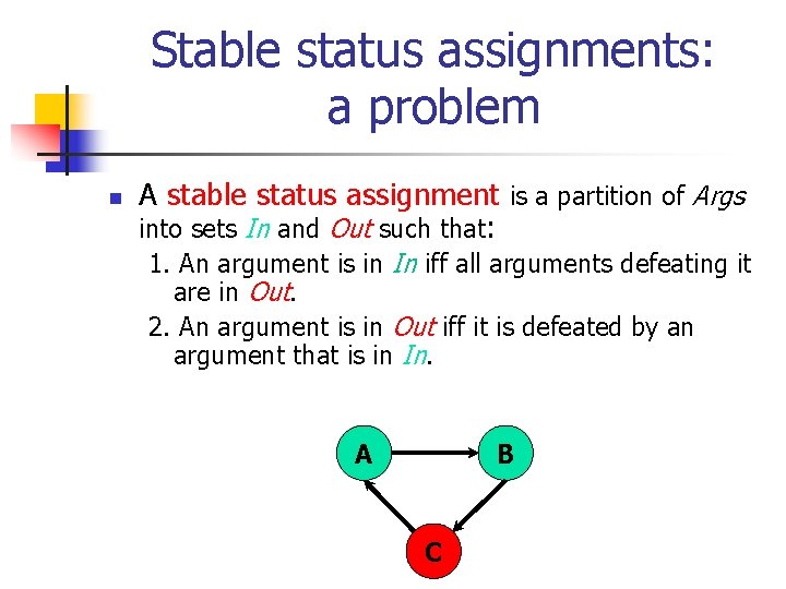 Stable status assignments: a problem n A stable status assignment is a partition of