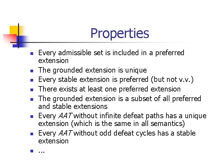 Properties n n n n Every admissible set is included in a preferred extension