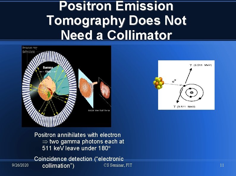 Positron Emission Tomography Does Not Need a Collimator Positron annihilates with electron two gamma