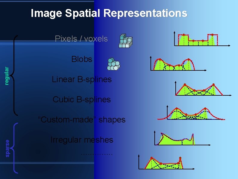 Image Spatial Representations Pixels / voxels regular Blobs Linear B-splines Cubic B-splines sparse “Custom-made”